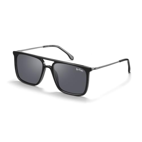 Lee Cooper Double-Bridge Square Sunglasses for Men with Dark Grey Polarized TAC Lenses, Black Acetate Full-Rim Frame, Double-Bridge Design and Metal Temples - LCM10038C1