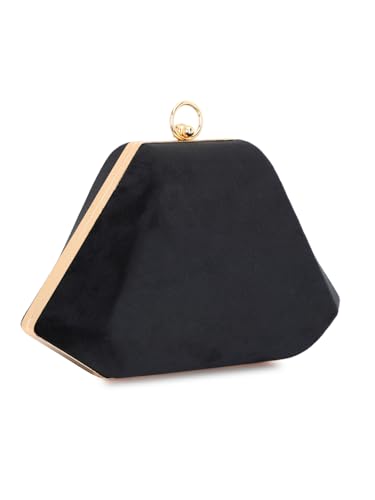 TOOBA Black Suede Clutch Bag for Women – Chic Synthetic Purse with Gold Frame & Chain Strap, Perfect for Formal Events, Dinners & Ethnic Outfits