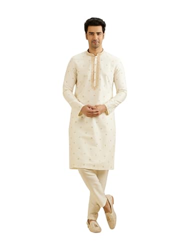 Manyavar Men's Viscose Blend Embellished Kurta Set (Cream,S)