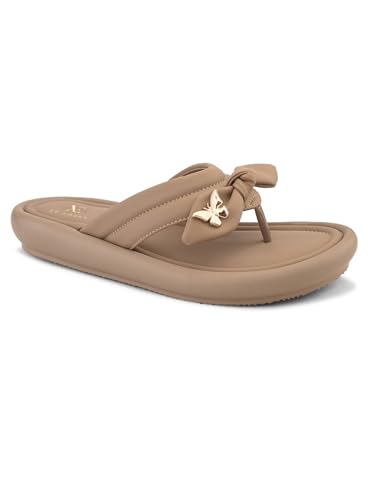 XE Looks Women’s Taupe Slip-On Comfort Sandals | Stylish Bow Knot Detailing with Cushioned Footbed | Casual for Girls & Women