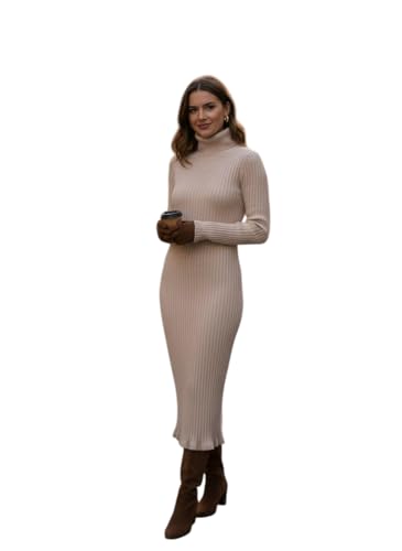 PatolaSwag Women’s Warm Winter High Neck Long Dress – Chic Ribbed Bodycon Fit, Office Wear, Casual Outings & Travel (in, Alpha, S, Regular, Standard, Beige)