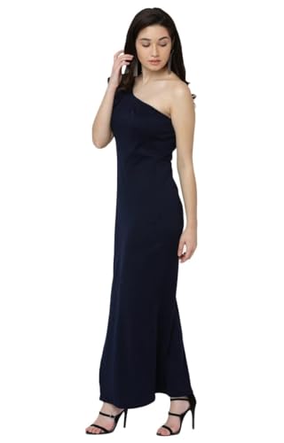 Miss Chase Women's Designer Navy Blue Solid Slitted One Shoulder Ruffled Maxi Dress with Zip Closure (MCAW17D10-37-71-04, Navy Blue, Medium)