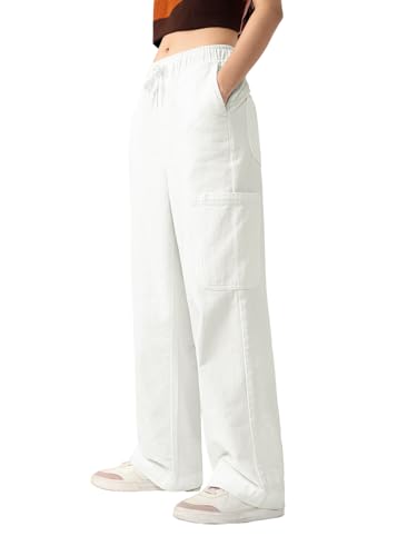 The Souled Store Pull on Denim: Astral White Women and Girls Elastic Waistband White Solid Cotton Lightweight Utility Casual Trendy Straight Fit Cargo Pants