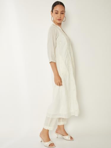 Max Women Embroidered A-line Kurta Set(Off White_XL)
