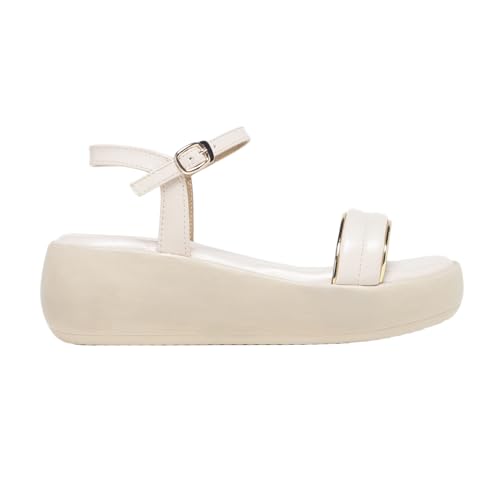 MONROW Fancy and Stylish Extra Cushioning and Comfortable Fashionable Light Weight Allday wear Vegan Wedge Heels for Women and Girls Cream 5UK