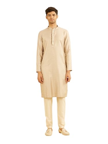 Manyavar Men's Viscose Blend Self Design Jacquard Weave Traditional Kurta Set (Natural,XL)