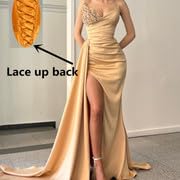 Prom Dresses 2024 Strapless Mermaid Sequin Beaded Satin Long Slit Evening Gowns for Women Bridesmaid Dresses, Emerald Green, 16