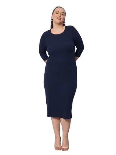 Navy Rib Round Neck Midi Dress