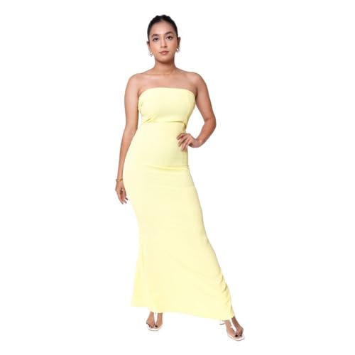 Sheux Dreamy Yellow Bodycon Evening Gown – Elegant Floor-Length Formal Dress for Weddings, Prom & Galas | Even wear it as Bridesmaid (S)