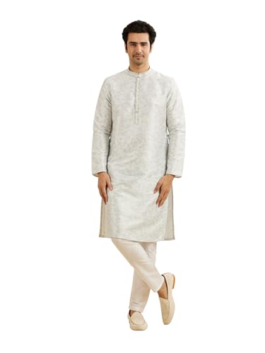 Manyavar Men's Art Silk Digital Print Kurta Set (Light Blue,XL)