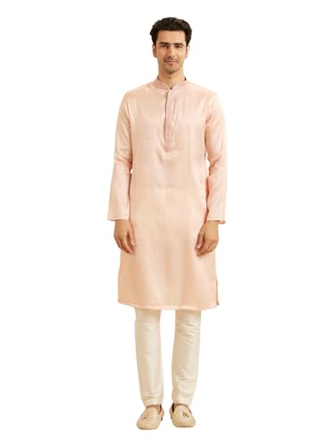 Manyavar Men's Art Silk Solid Regular Fit Kurta Pajama Set (Peach,XXXL)