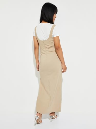 Max Women's Cotton Blend A-Line Below The Knee Dress (MUSE01_Beige