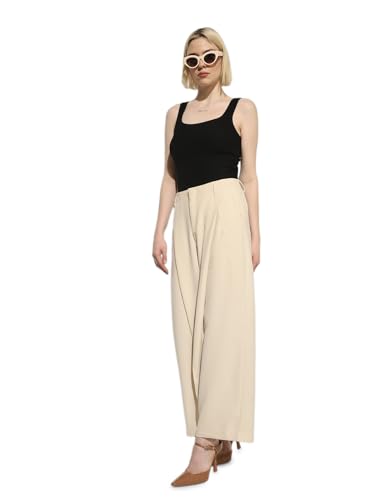 ONLY Women's Solid Regular Fit High-Rise Beige Pants