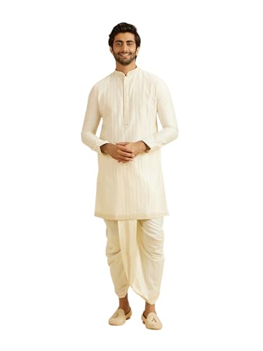 Manyavar Men's Viscose Blend Self Design Kurta Dhoti Set (Warm White,XXL)