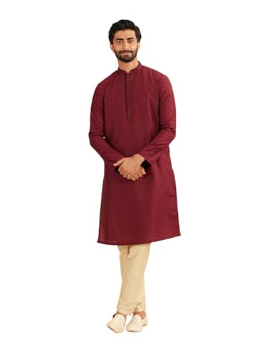 Manyavar Men's Art Silk Embroidered Placket Solid Kurta Set (Maroon,L)