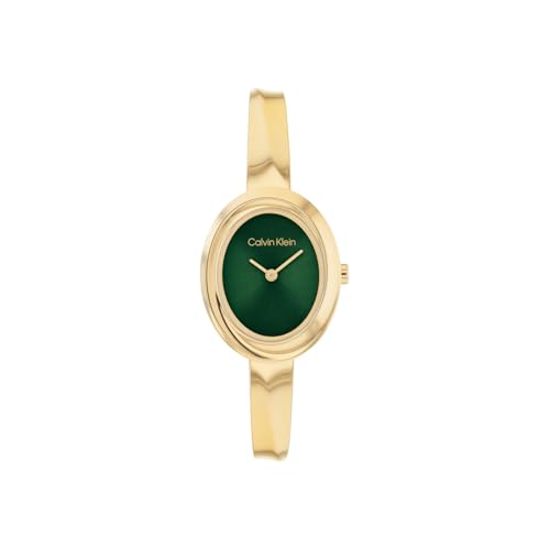 Calvin Klein Twisted Bezel Qtz Basic Mini Green Oval Dial Gold Bangle Watch for Women- 25100203