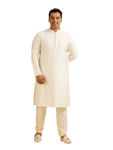 Manyavar Men's Viscose Blend Printed|Embroidered Kurta Pyjama Set (Cream,04XL)