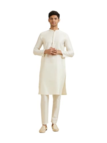 Manyavar Men's Viscose Blend Textured Kurta Pyjama Set(Warm White,XXXL)