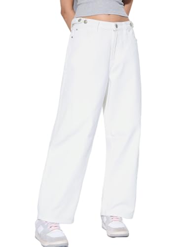 The Souled Store Barrel-Fit Denim: Ivory Women and Girls Buttoned Solid Lightweight Everyday Trendy Cotton Loose Fit Denim Jeans