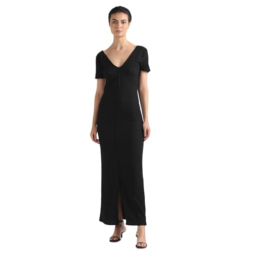 Calvin Klein Polyester Black Solid V Neck Short Sleeves Women Crinkle Maxi Dress (XS)