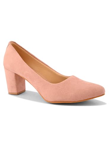 XE Looks Pink Cream Pumps | Chic Suede Finish | Comfortable & Trendy Block Heel For Girls & Womens