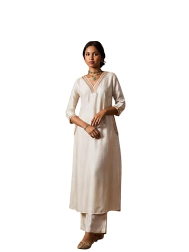 Varanga Women Champagne Beige A Line Kurta Trousers Set V Neck