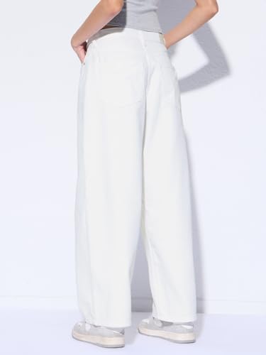 The Souled Store Barrel-Fit Denim: Ivory Women and Girls Buttoned Solid Lightweight Everyday Trendy Cotton Loose Fit Denim Jeans