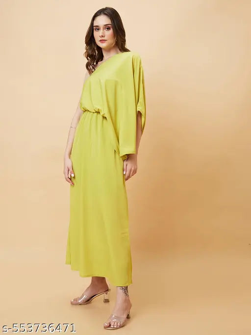 Globus Women Lime Solid One Shoulder Oversized Fit and Flare Maxi Dress