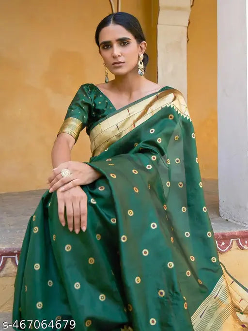 Janasya Women's Green Paithani Silk Ethnic Motifs Saree with Unstitched Blouse Piece