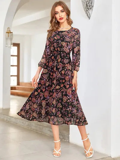 Stylish Black Georgette Printed Fit And Flare Dress For Women