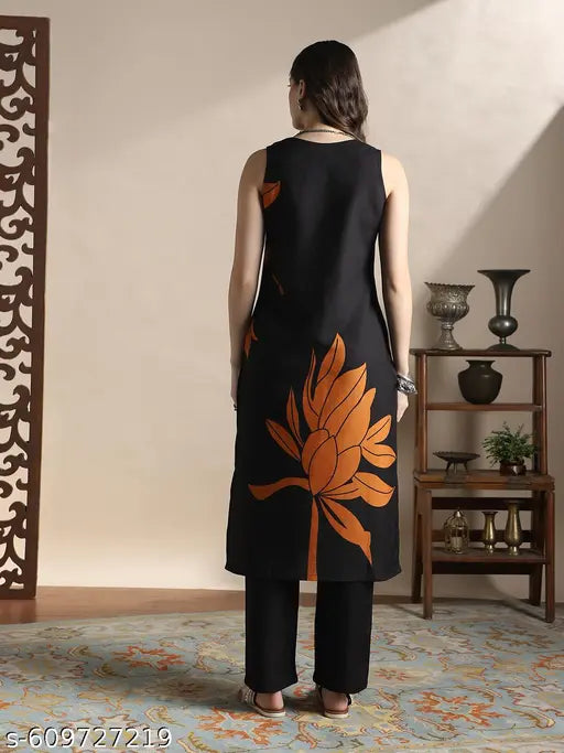 Globus Women Black V-Neck Sleeveless Floral Print Straight Kurta With Pants Fusion Set