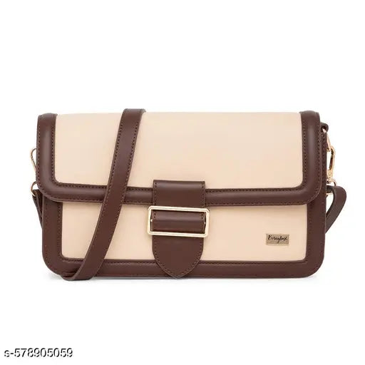 Berrylush Women Solid Brown & Beige Synthetic Leather Detachable Strap Button-Up Embellished Regular Sling Bag
