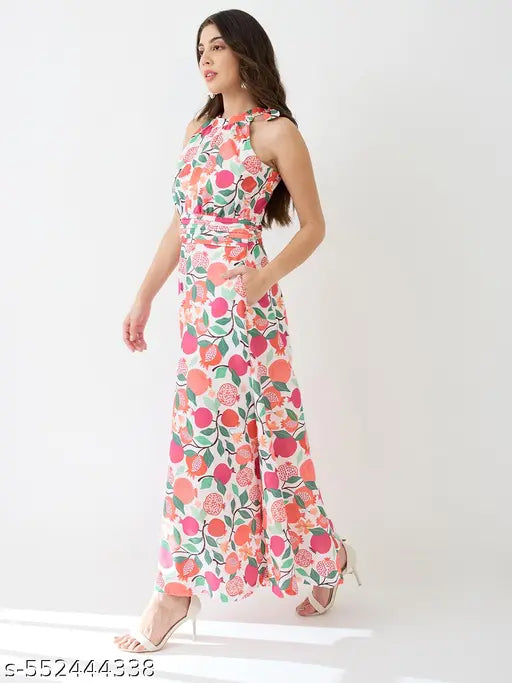 Globus Women Pink Floral & Fruit Print Halter Neck Pleated Detail Flared Fusion Jumpsuit