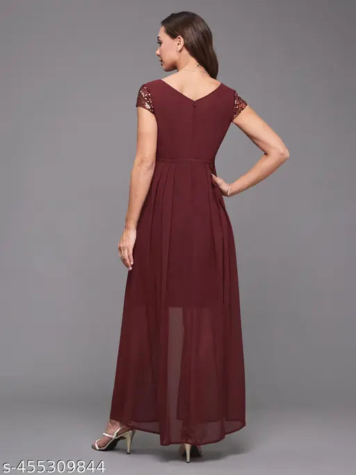 Miss Chase Women's Wine Embellished Fit & Flare Maxi Dress