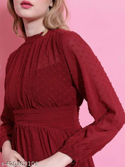 Ketch Women Maroon Self Design Fit and Flare Dress