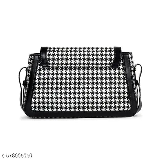 Berrylush Women Black & White Houndstooth Printed Polyester Zipper-Up Embellished Sling Bag