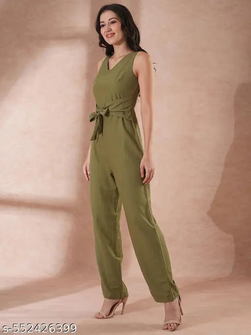 Globus Women Olive V-Neck Waist Tie-Up Longline Jumpsuit