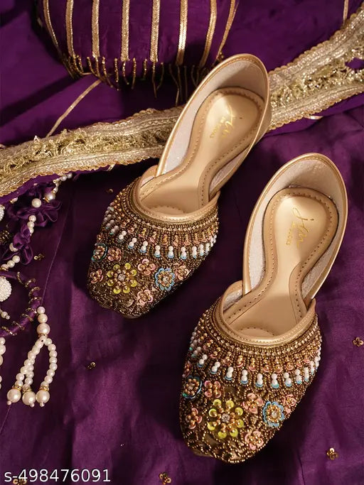 JM Looks Women's Embroidered Juttis with Handcrafted Beads & Floral Detailing | Ethnic & Festive Wear | Comfortable Slip-On Flats(Green)