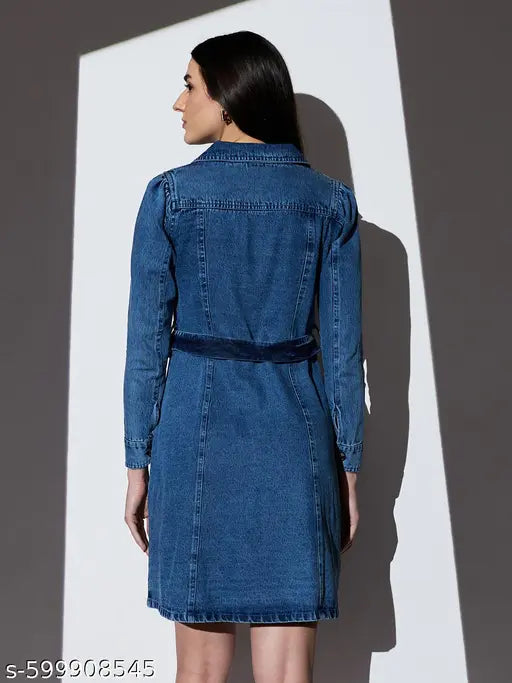 Globus Women Med Blue Cuban Collar Cuffed Sleeves Pocket Detail Mini Denim A-Line Shirt Dress With Belt