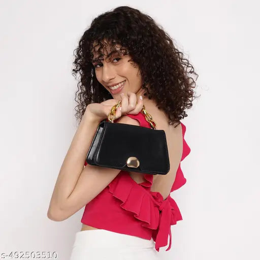 Fastrack Black PU Solid Satchel For Women with Gold Metal Chain and detachable sling strap
