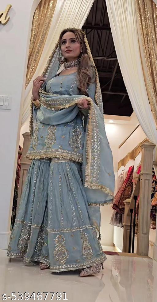 Heavy Embroidered Aque Blue Sharara Set for Women: Elegant Party & Festive Outfit