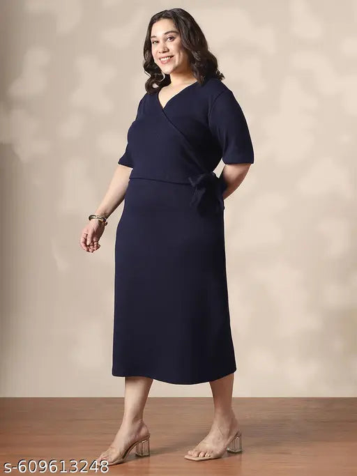 Globus Gloplus Women Navy Blue Wrap V-Neck Waist Tie-Ups Ribbed Plus Size Midi Sheath Dress