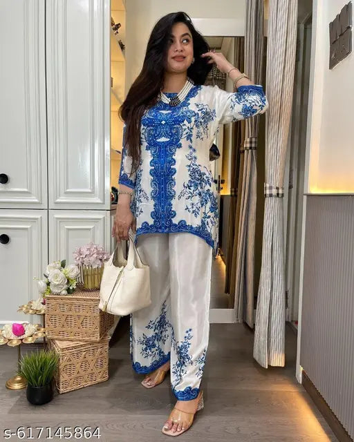 Anni Designer Women's Rayon Viscose Blue Straight Printed Kurta Set | 2-Piece Daily Wear Suit with Palazzo| Stylish Office Wear Ethnic Rayon Dress