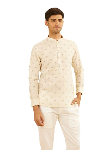 Manyavar Men's Cotton Blend Buta Motifs Printed Short Kurta (Beige,L)