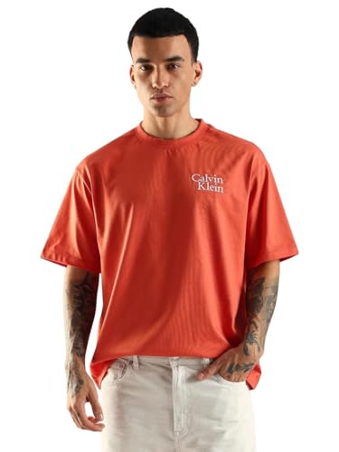 Calvin Klein Jeans Solid Relaxed Fit Cotton T-Shirt Mecca Orange