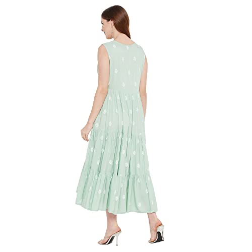 Rangavali Stylish Sea Green Festive Tiered Anarkali Dress for Women | Western A-Line Maxi Sleeveless Long Gown for Womens | Fusion Dresses for Ladies | 1 Pcs Dress | M, 34