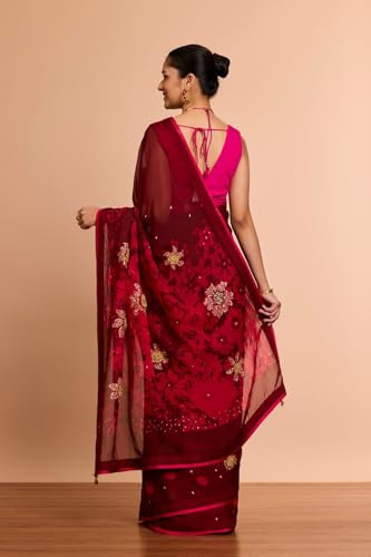 Taneira Women Dark Red Printed Embroidered Viscose Organza Saree with Unstitched Blouse Piece (SAIP14AC2558-Dark Red)
