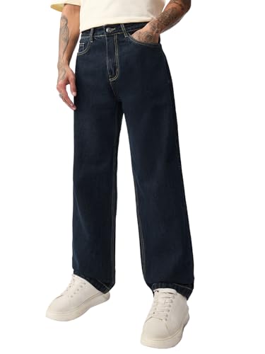 The Souled Store Baggy-Fit Denim: Orion Blue Men and Boys Buttoned Waistband Dark Blue Washed 100% Cotton Denim Baggy Fit Durable Twill Weave Lightweight Everyday All-Season Jeans