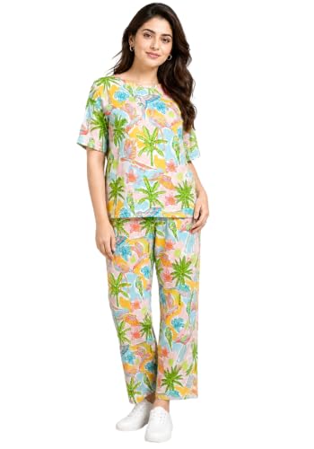 Wear Your Opinion Women Coords Set | Tshirt & Pant Night Suit Pyjama Sets (Coastal Escape, Small, Orange)