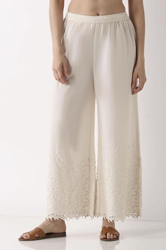 BIBA Women Off White Cotton Flared Palazzos_S